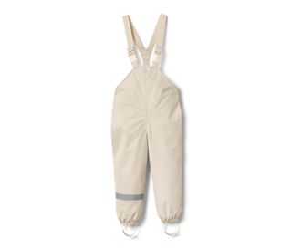 Sandfarbene Kleinkinder-Regenhose mit Latz und Reflektorstreifen am Hosenbein.