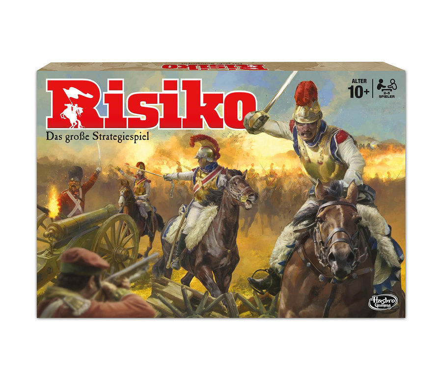 Verpackung des Brettspiels Hasbro »Risiko« mit der Darstellung von Soldaten zu Pferd in einer Schlacht.