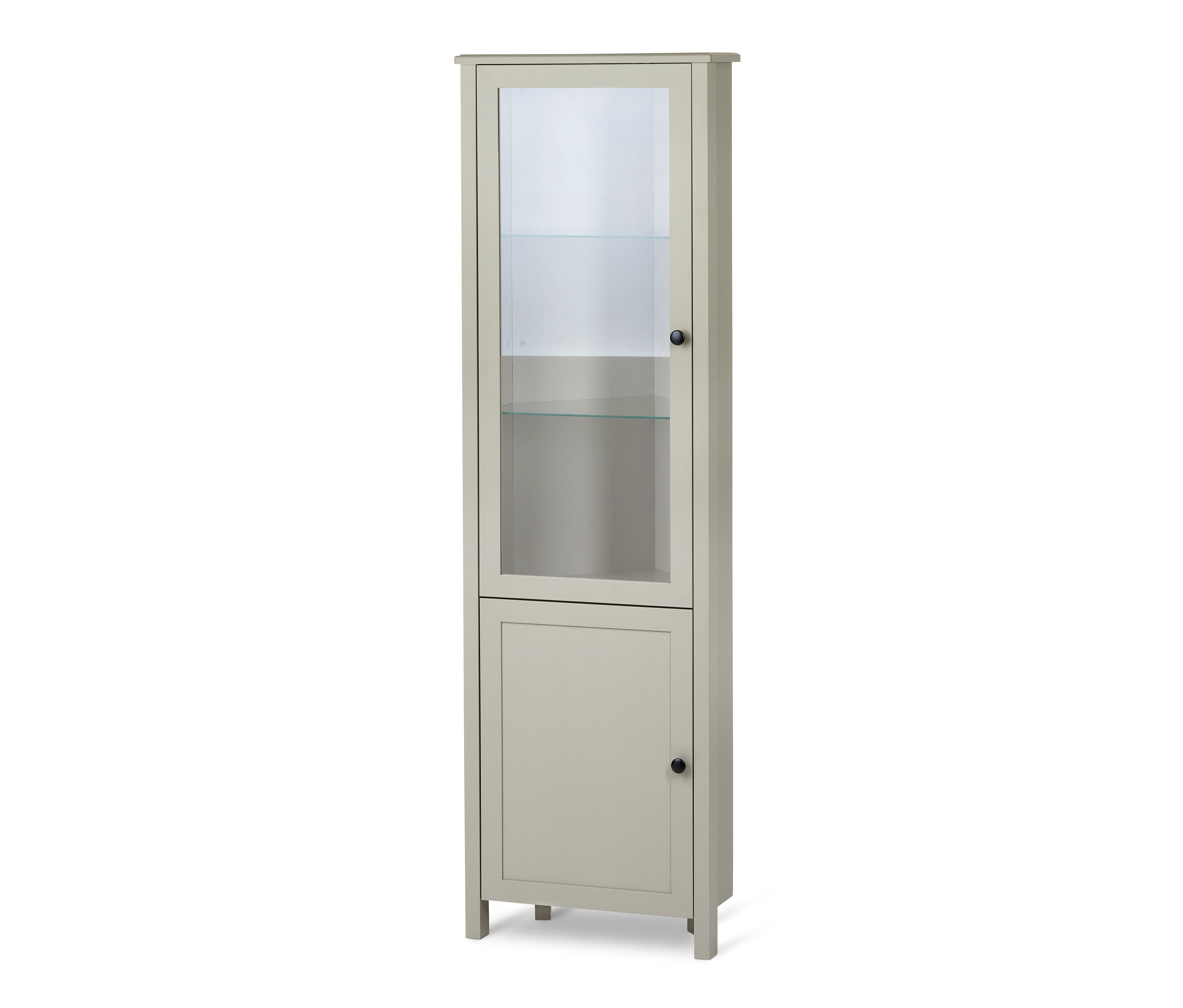 Eine graue Eckvitrine mit Glastüren und Regalen.