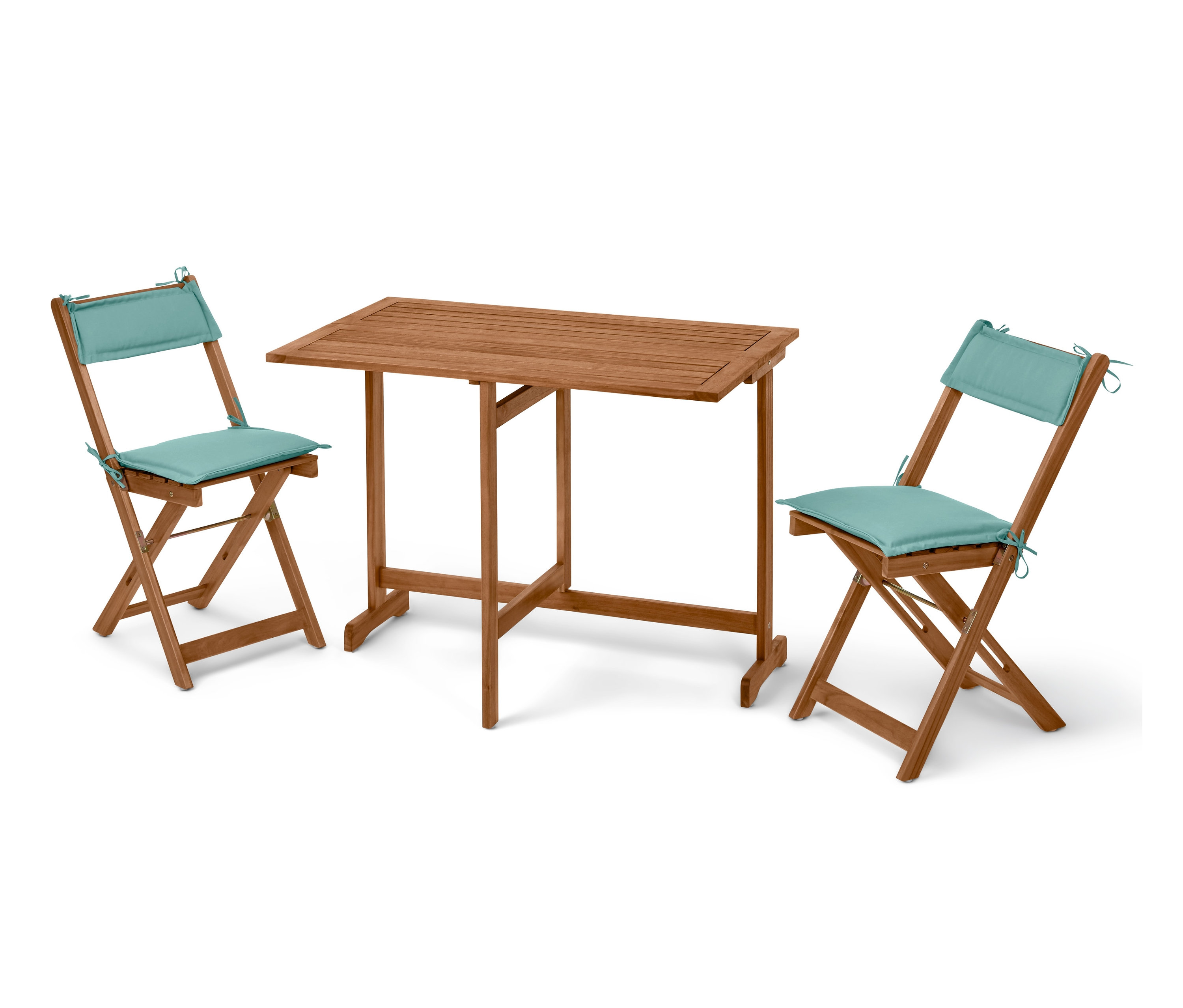 Klappbares Balkon-Set inkl. Auflagen, 3-teilig mit zwei Stühlen und Tisch.