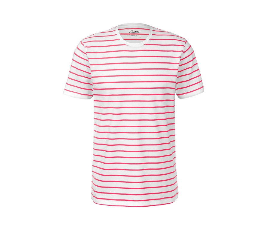 Ein weißes T-Shirt mit roten Streifen und Rundhalsausschnitt. Es handelt sich um eines von 3 T-Shirts mit Rundhalsausschnitt.