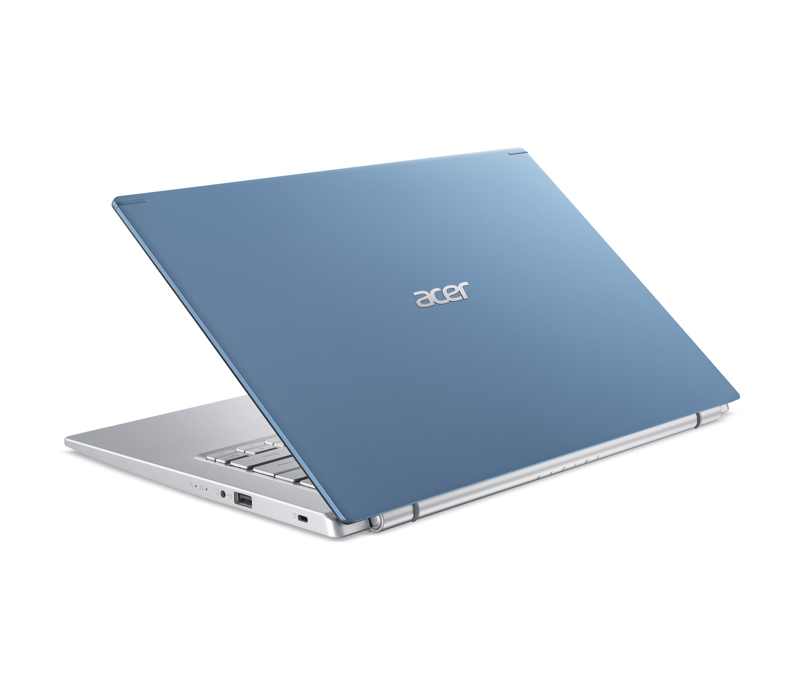 Blauer Acer Aspire A514-54 Laptop, teilweise geöffnet.