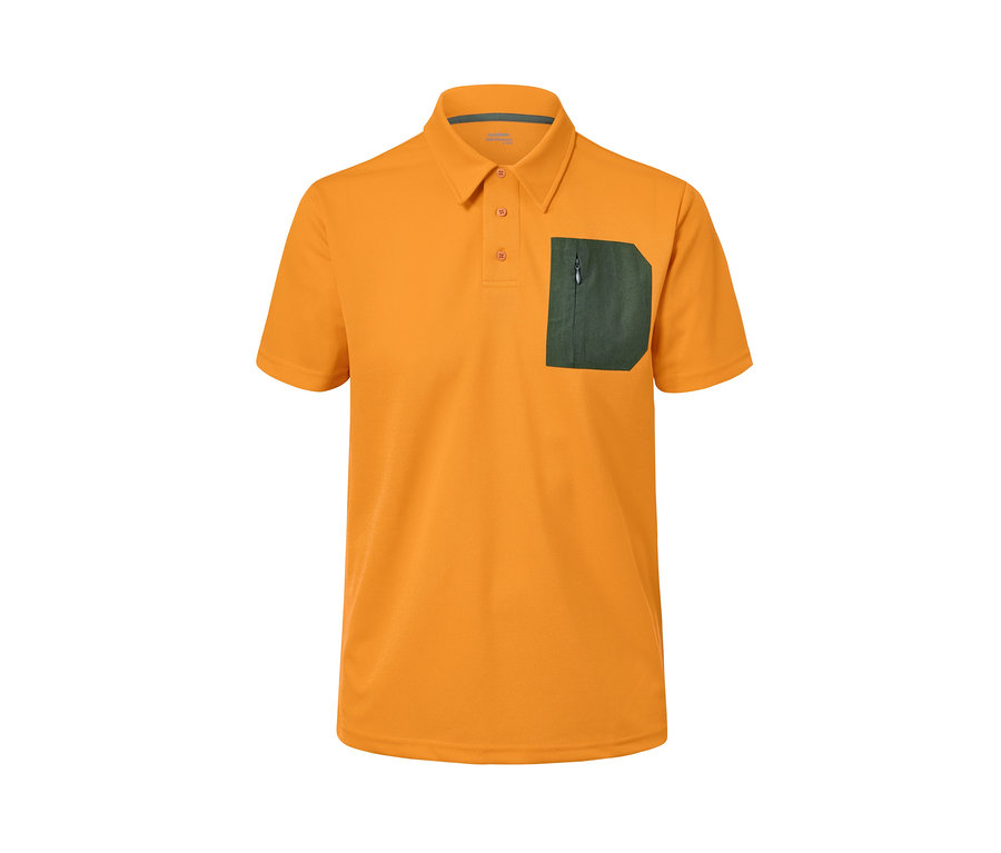 Orangefarbenes Funktions-Poloshirt mit Reißverschlusstasche.