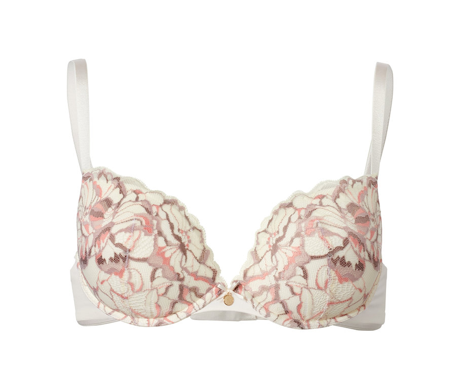 Weißer Push-up-BH mit Blumenspitzenmuster.