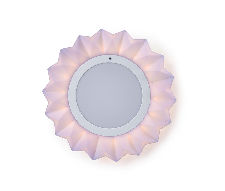Eine LED-Wand-und-Decken-Leuchte in Sternform mit einem weißen Kreis in der Mitte.