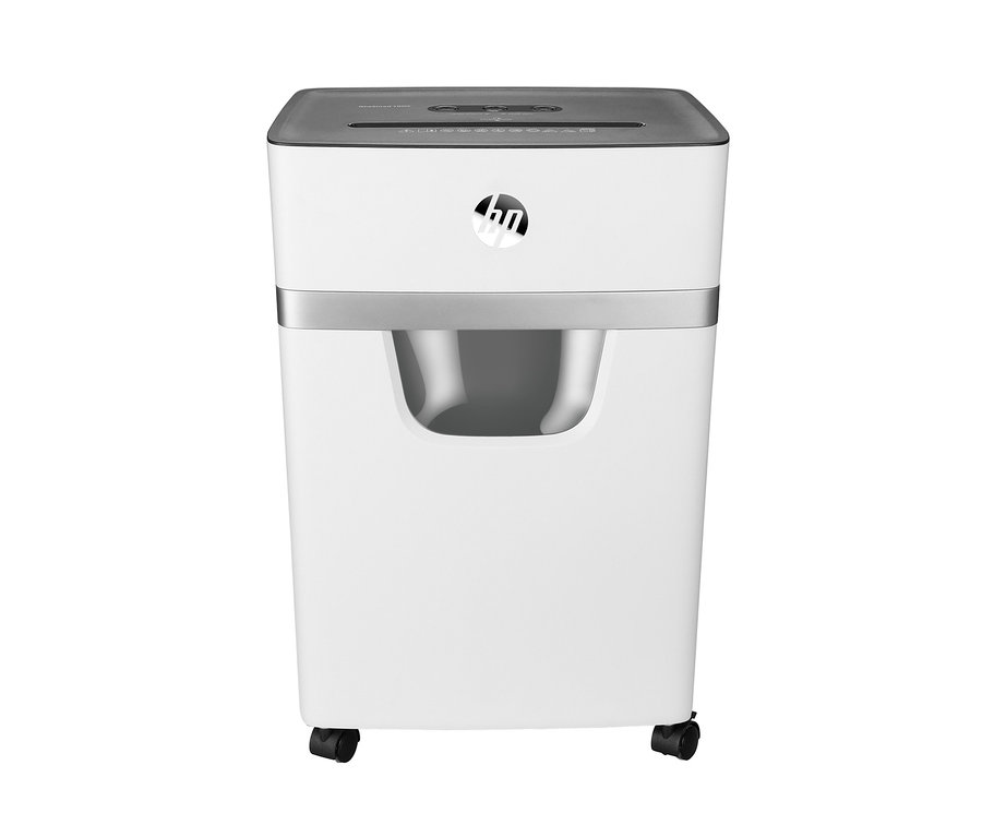 Weißer HP OneShred 10MC Aktenvernichter mit grauem Oberteil und HP Logo.