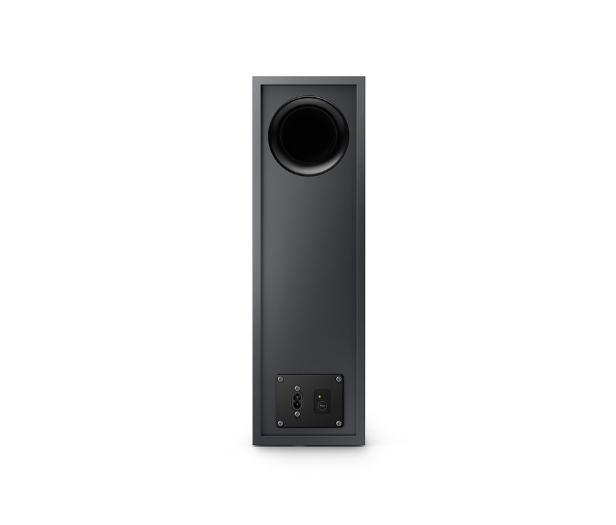 Ein grauschwarzer Lautsprecher mit einer runden Öffnung oben und einem Stromanschluss unten. Zu sehen ist die Rückseite eines Philips Soundbar-Lautsprechers mit kabellosem Subwoofer »TAB6305«.