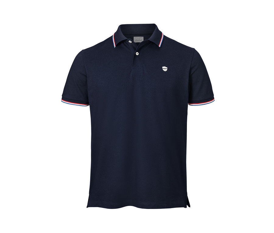 Marineblaues Piqué-Poloshirt mit rot-weißen Streifen an Ärmeln und Kragen.