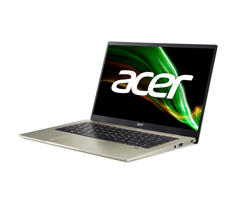 Ein goldfarbenes Acer Swift 1 Notebook »SF114-34« ist schräg vor einem weißen Hintergrund zu sehen.