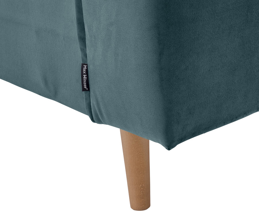 Detailansicht eines azurblauen Max Winzer® 3-Sitzer-Schlafsofas »Jolene« mit Holzfuß.
