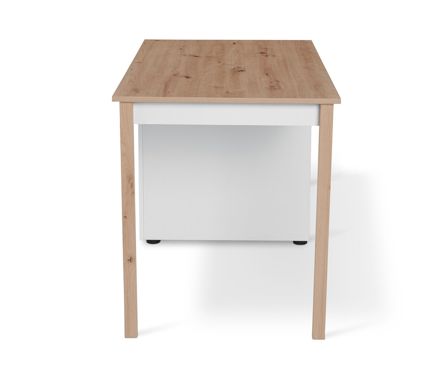 Detailansicht eines weißen Schreibtisches mit Schublade und hellbrauner Holzplatte.