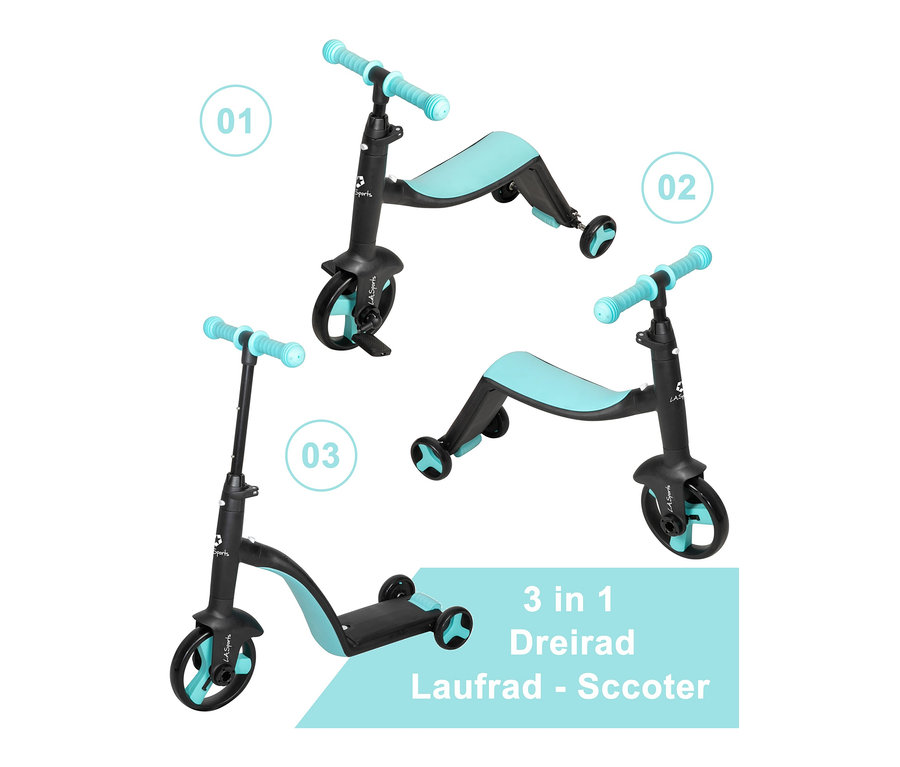 Drei Ansichten des LA Sports 3-in-1-Laufdreirads: Laufrad, Dreirad und Roller.