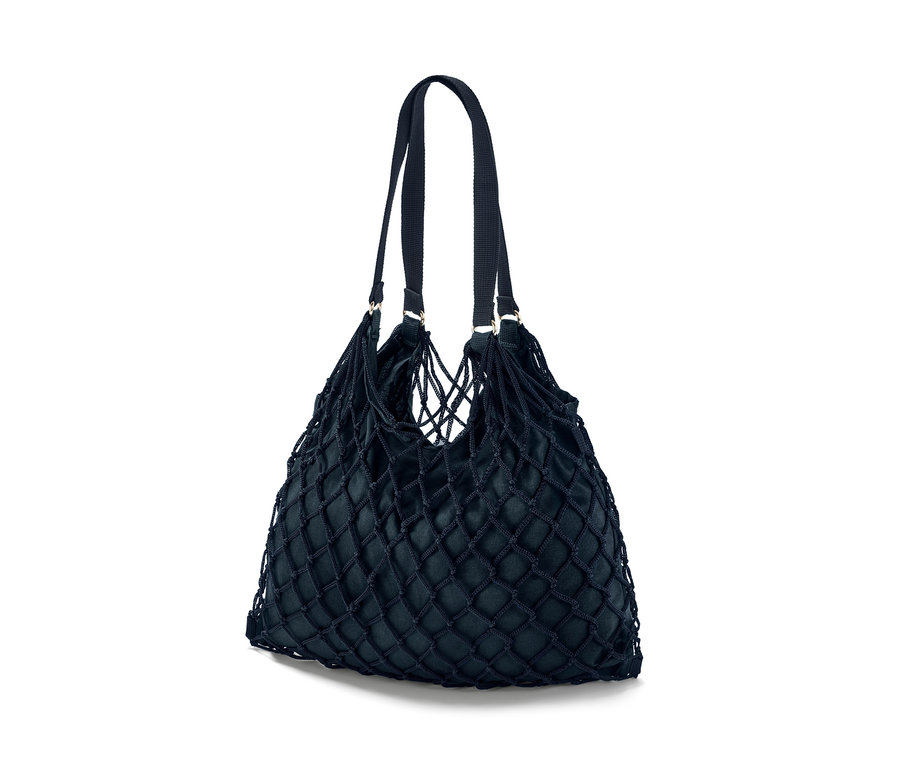 Eine dunkelblaue Netztasche mit schwarzen Griffen.