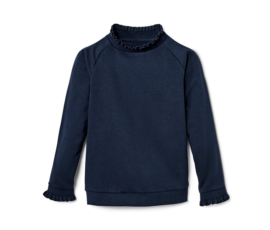 Ein marineblaues Kinder-Sweatshirt mit Rüschen an Hals und Ärmeln.
