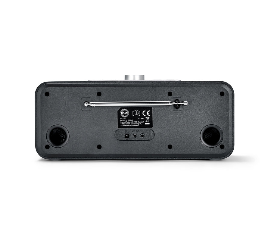 Rückansicht eines schwarzen WLAN-Internetradios mit Farbdisplay.