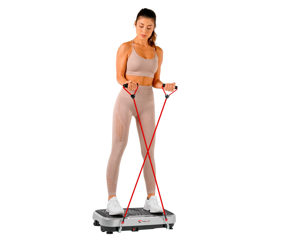Frau steht auf Christopeit Vibrationstrainer »Vibro VBT 4200« und trainiert mit einem Expander.