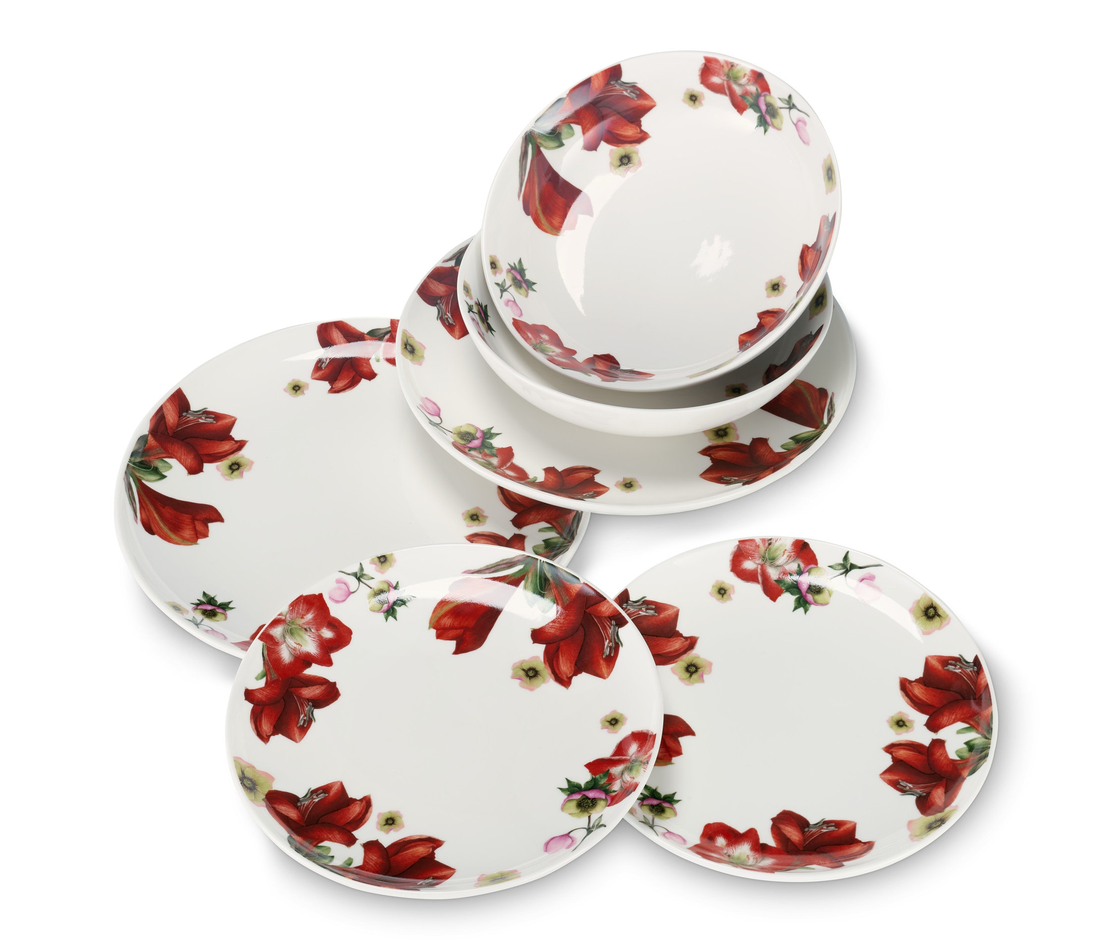 Weißes Geschirr-Set mit roten Blumenmotiven.