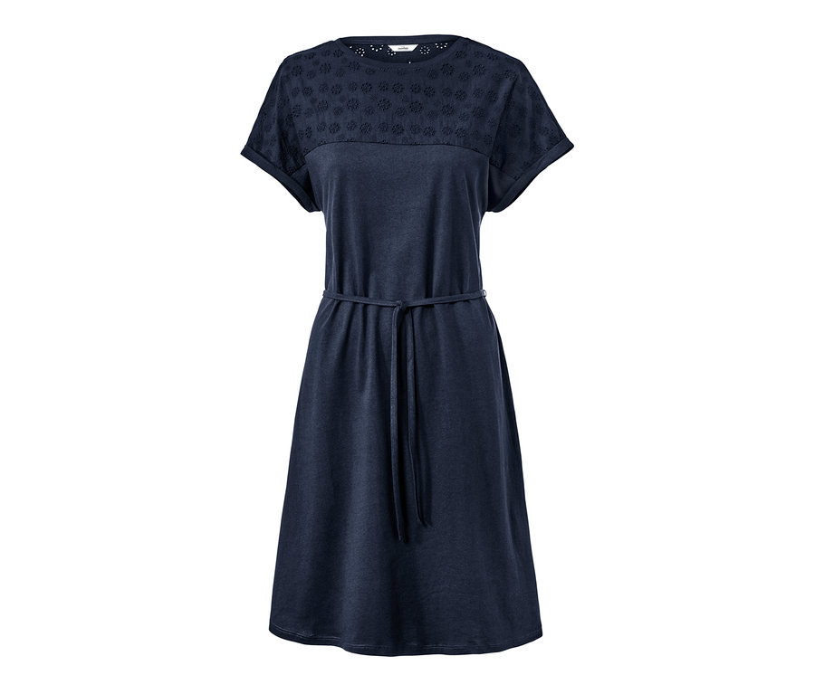 Marineblaues Jerseykleid mit Lochstickerei und Gürtel.
