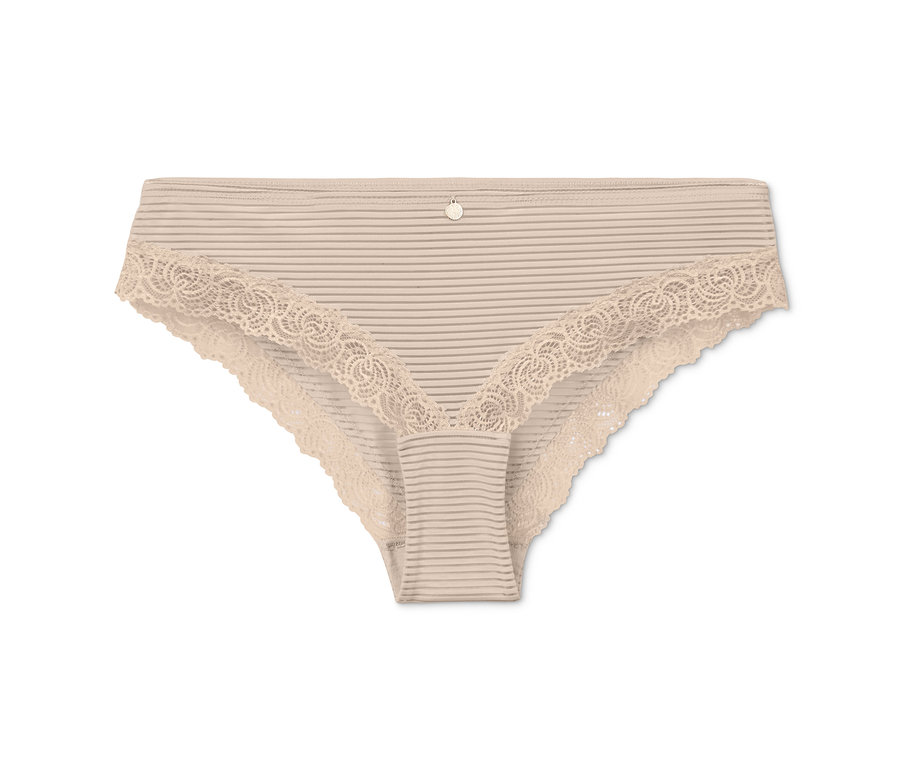 Beige, gestreifte Brazil-Slip mit Spitze.