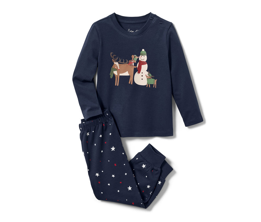 Dunkelblauer Kleinkind-Jersey-Pyjama mit Rentier-, Schneemann- und Hirsch-Illustration.