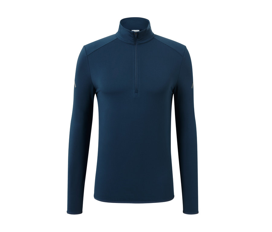 Blaues Thermo-Funktionsshirt mit langen Ärmeln und kurzem Reißverschluss.