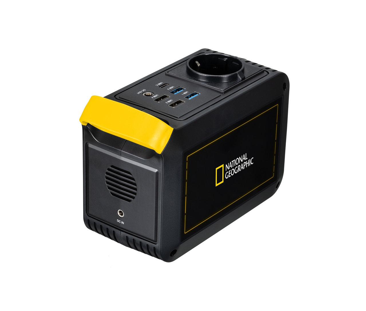 Schwarz-gelbe National Geographic Mobile Power Station mit USB-, AC- und DC-Anschlüssen.