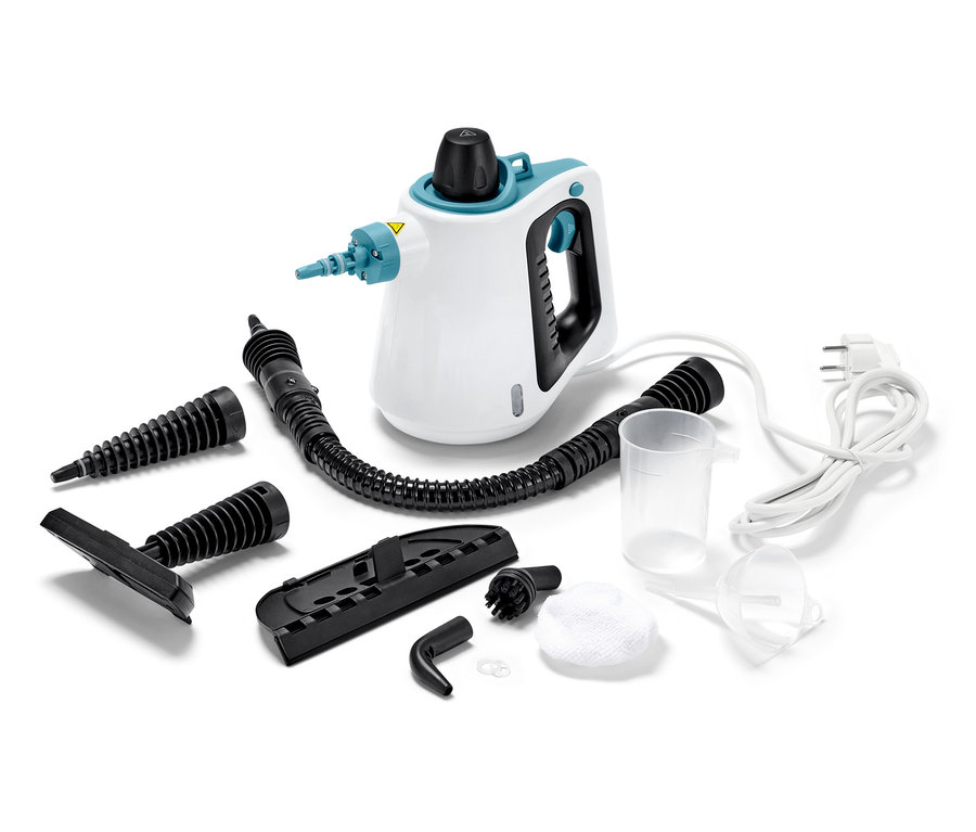 Weißer Dampfreiniger mit schwarzem Zubehör und diversen Aufsätzen.
