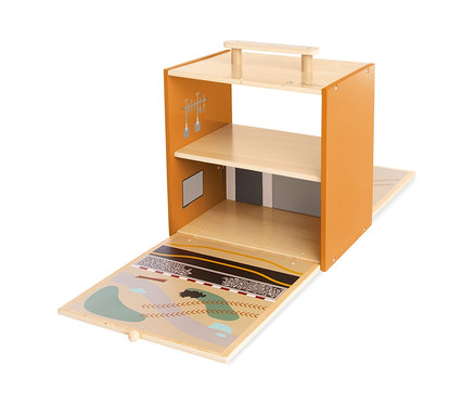 Ausgeklapptes Pinolino Spielwelt »Baustelle Gustav« Holzspielzeug mit bedruckter Unterlage.