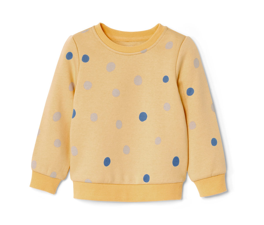 Gelbes Kleinkind-Sweatshirt mit blauen und grauen Punkten.
