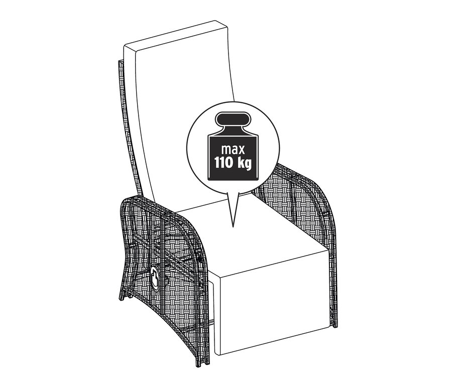 Illustration eines Sessel-Sets mit ausklappbarer Fußlehne und einem Symbol, das ein maximales Gewicht von 110 kg angibt.