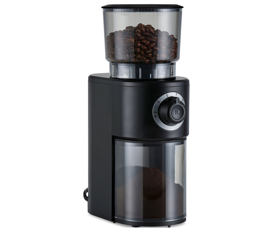 Eine schwarze, elektrische Kaffeemühle.