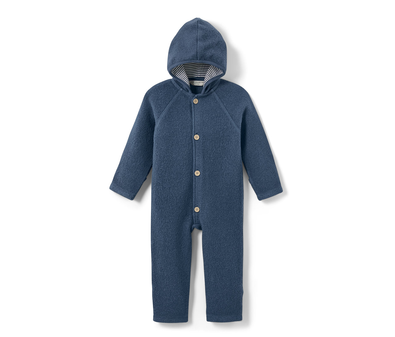 Blauer Baby-Walkoverall mit Merinowolle, Kapuze, Knopfverschluss und gestreiftem Futter.