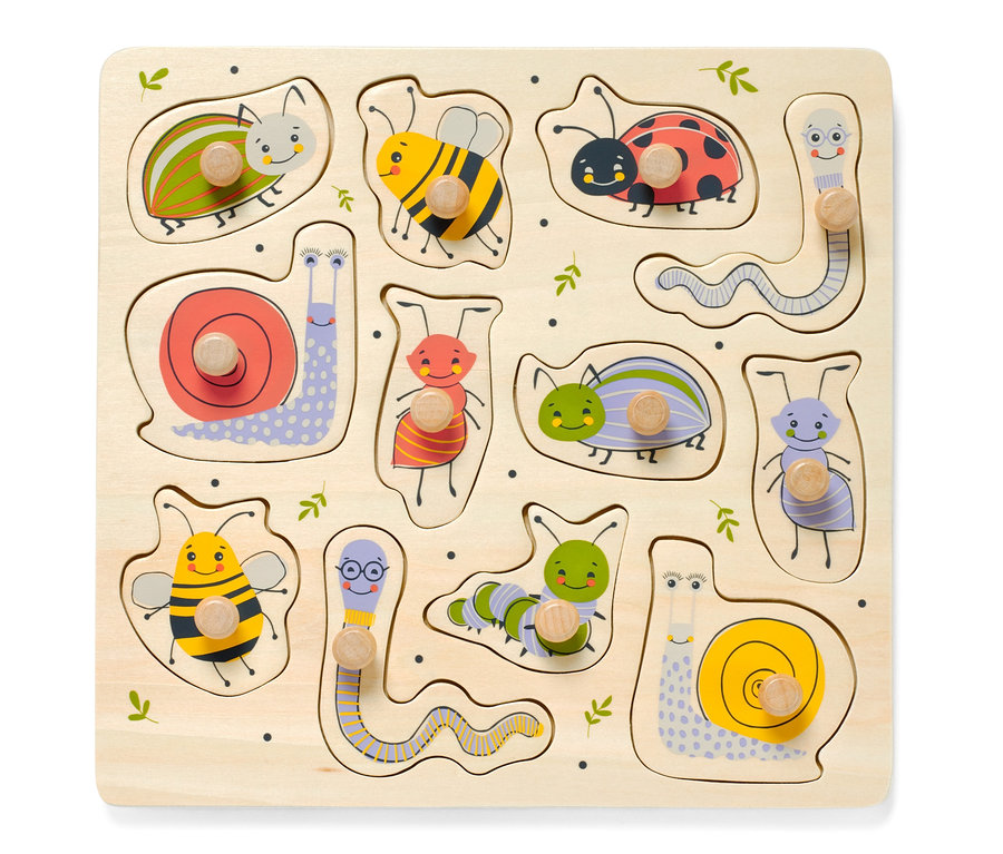 Holz-Steckpuzzle mit Insektenmotiven.