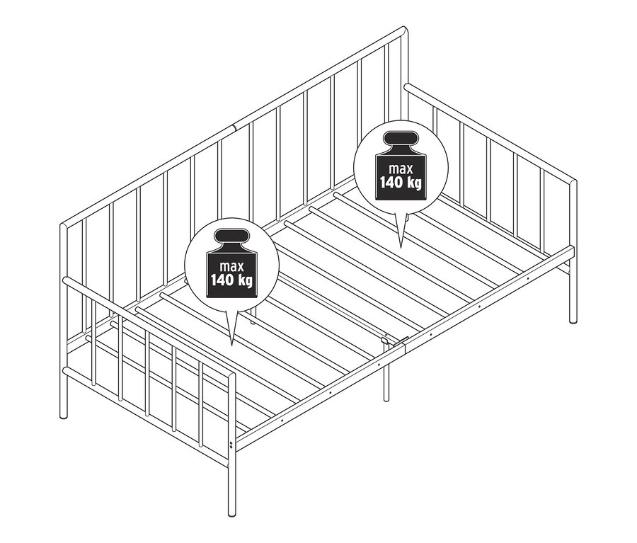 Illustration eines Daybeds, ca. 90 x 200 cm, mit einer maximalen Belastbarkeit von 140 kg.