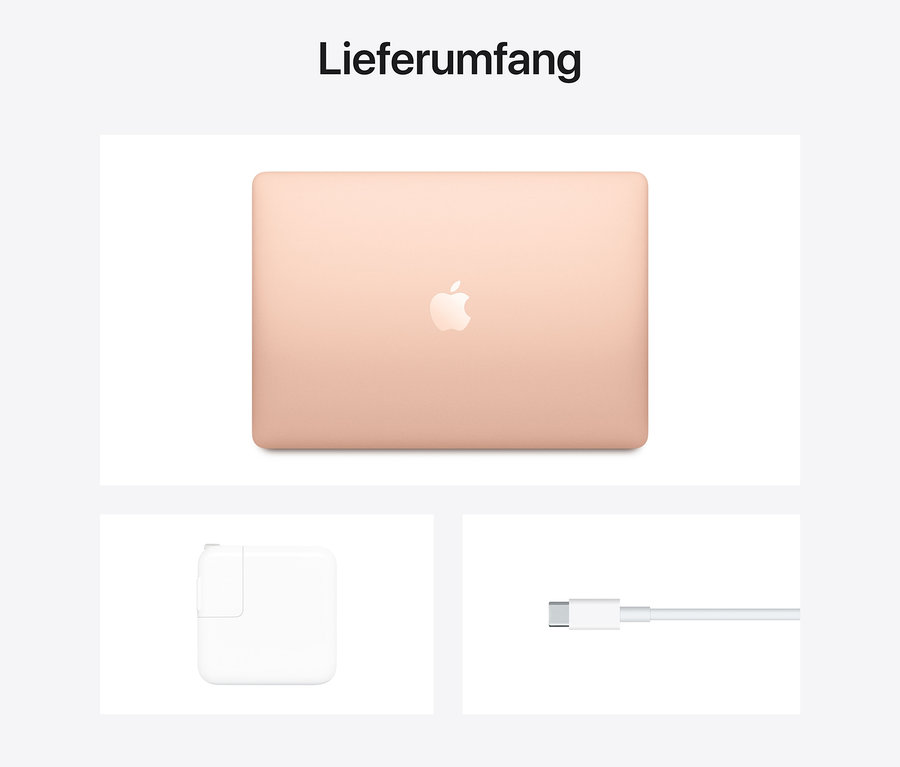 Goldfarbenes Apple Macbook Air Retina 13", 2020, Netzteil und Kabel.