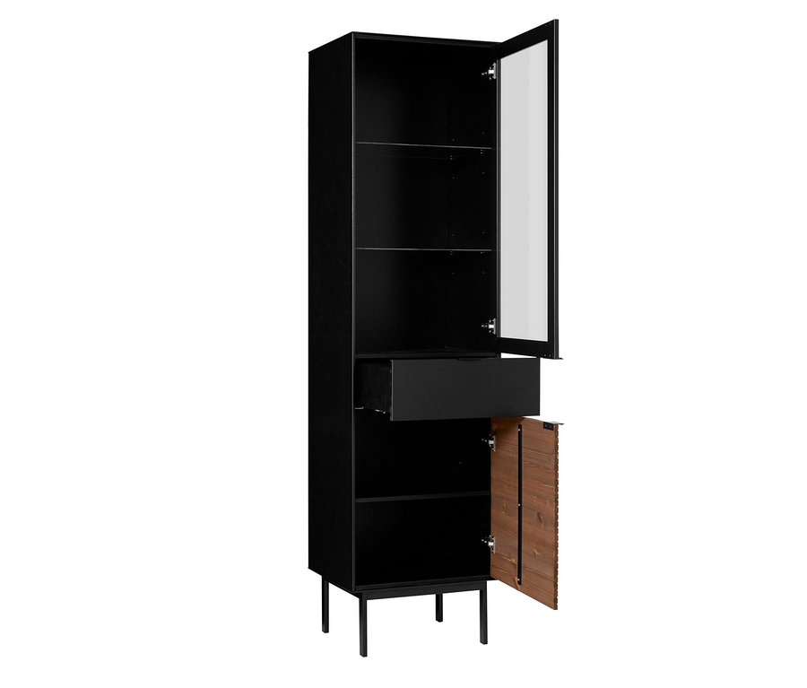 Schwarze Vitrine mit offener Glastür, Schublade und Holztür.