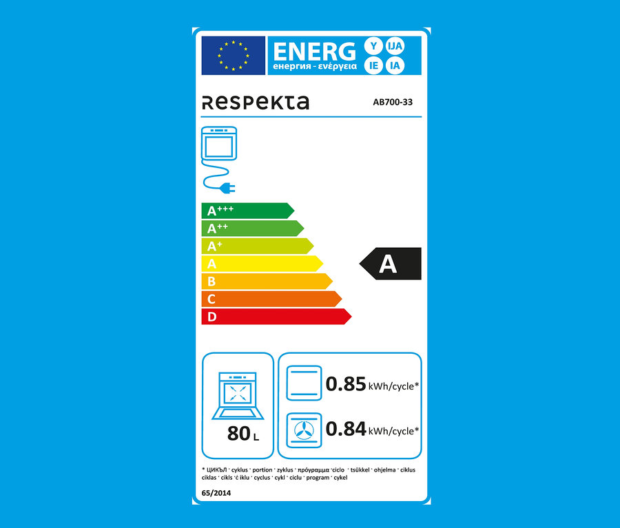 Energielabel für Respekta Einbaubackofen AB700-33, Klasse A. Zeigt Energieverbrauch und 80 l Volumen.