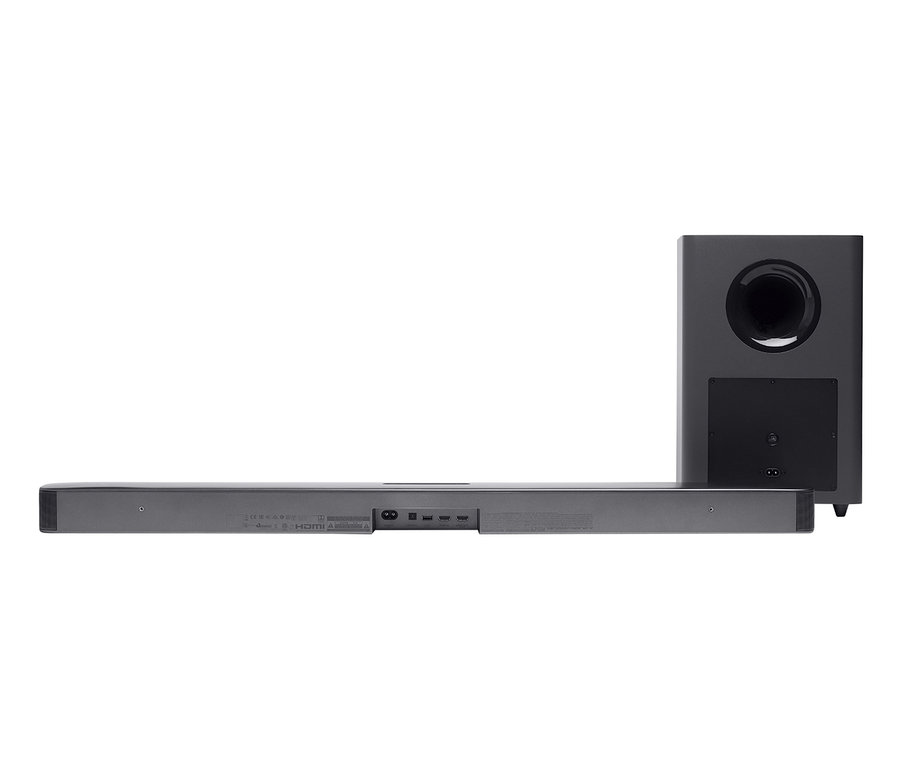 Schwarze JBL Bar 2.1 Deep Bass Soundbar mit kabellosem Subwoofer, Bluetooth und HDMI.