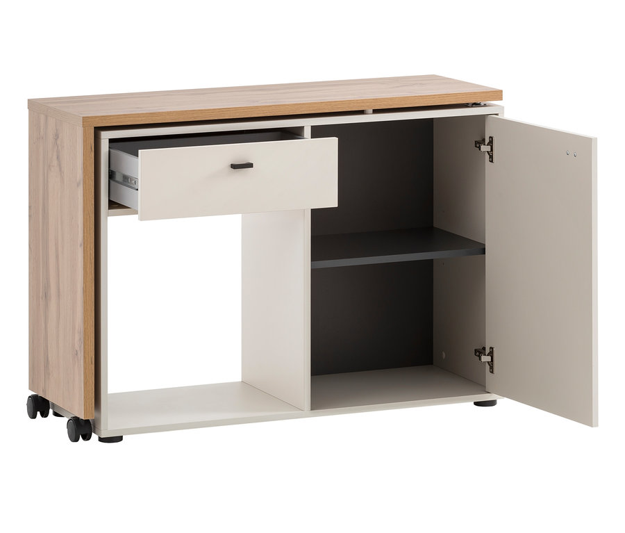 Ein 2-in-1-Drehtischschrank in Creme/Eiche mit offener Schublade und geöffneter Tür.