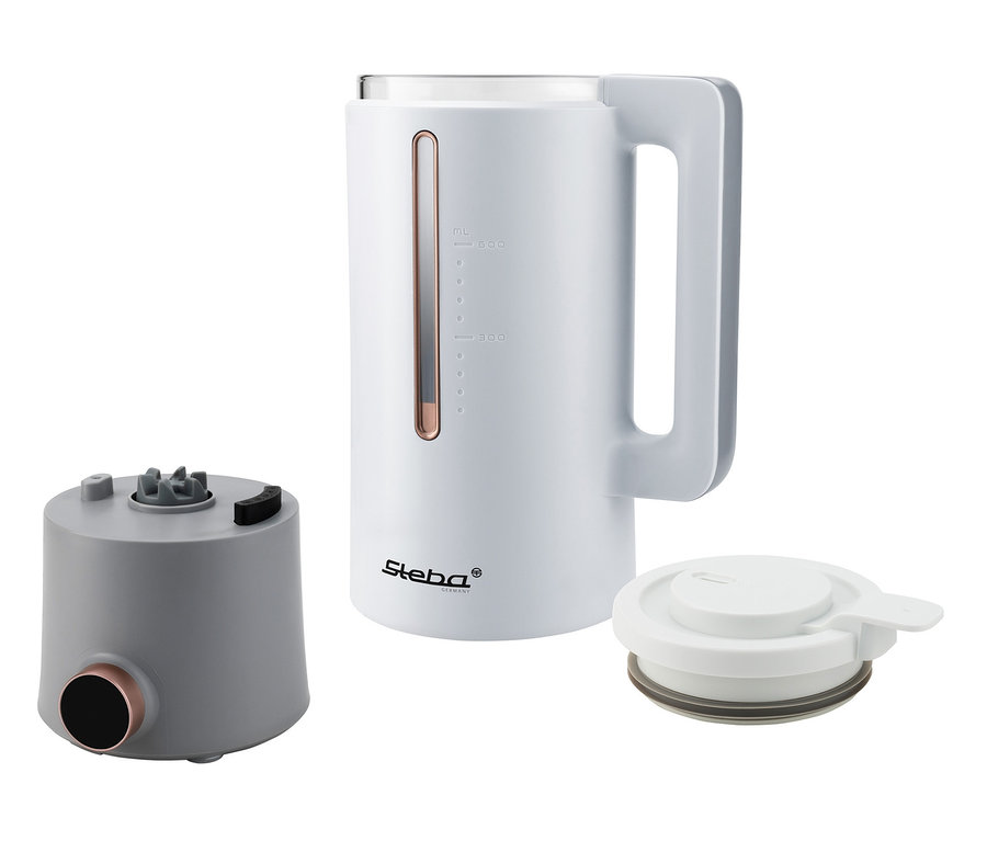 Weißer Steba Vegan-Drink-Maker »VDM 2 HOT & COLD« mit grauem Sockel und Deckel.