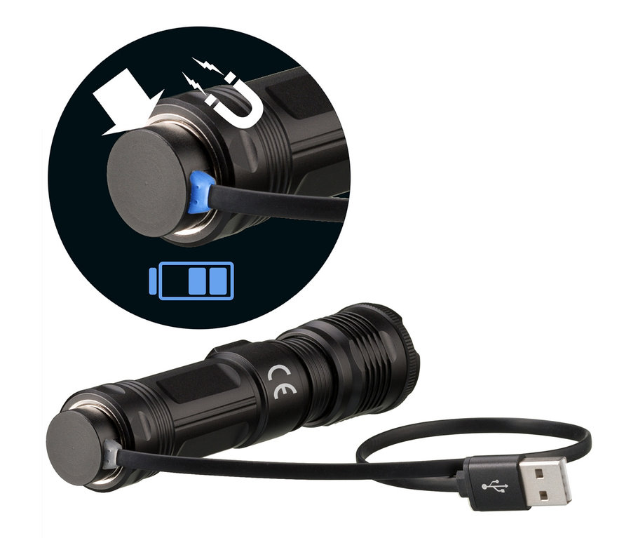 Eine schwarze LED-Taschenlampe mit USB-Ladekabel wird magnetisch an den Ladeanschluss angeschlossen. NATIONAL GEOGRAPHIC ILUMINOS 1000 LED-Zoom-Taschenlampe, 1.000 lm.