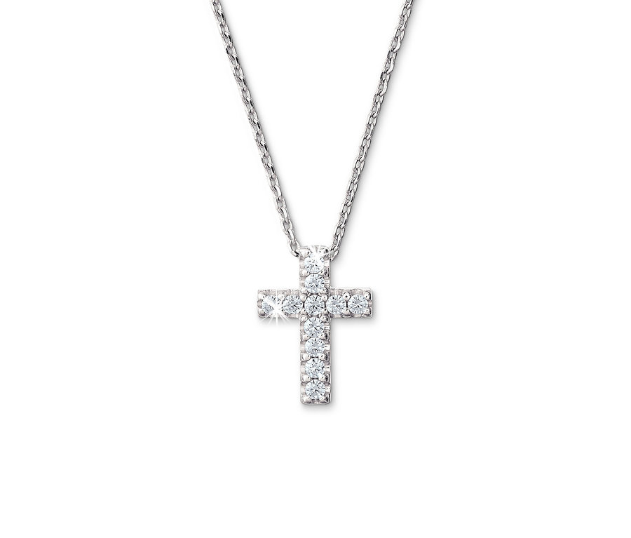Eine 925 Silber Kette mit einem Kreuz Anhänger, das mit kleinen Steinen besetzt ist.