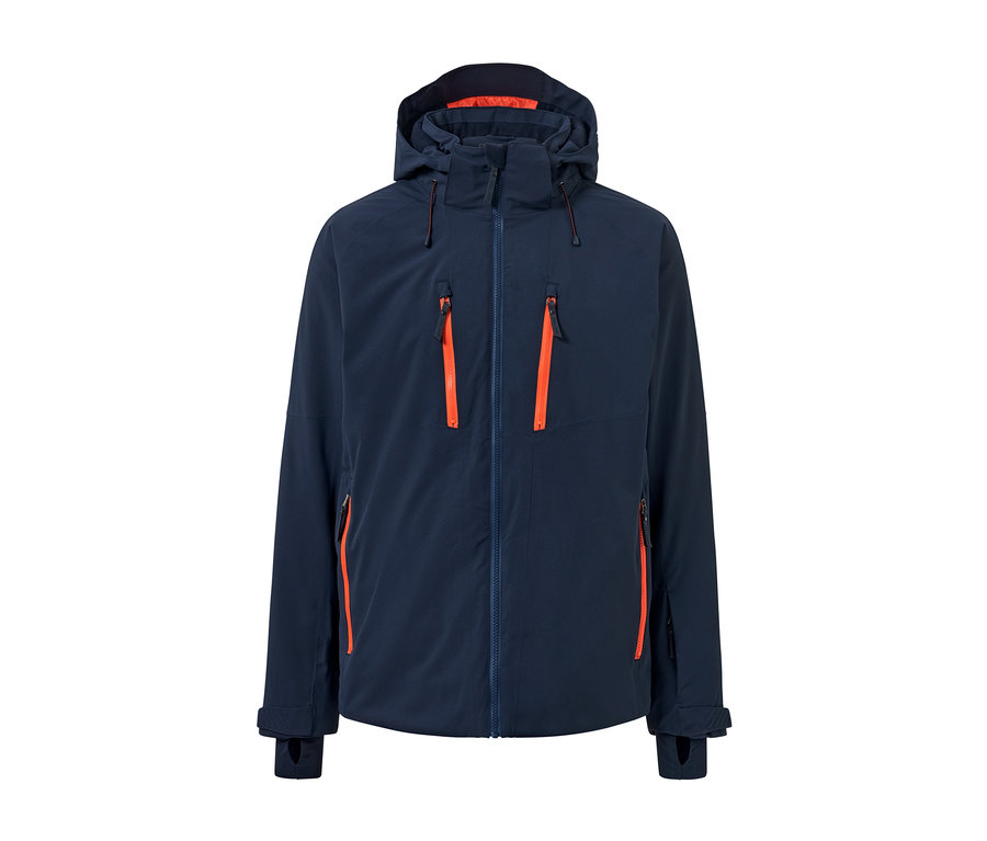 Marineblaue High-Tech-Skijacke mit orangefarbenen Reißverschlüssen.