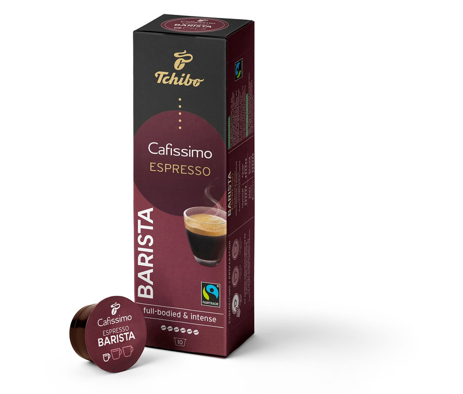 Eine Packung Cafissimo BARISTA Espresso - 10 Kapseln und eine einzelne Cafissimo BARISTA Espresso Kapsel.