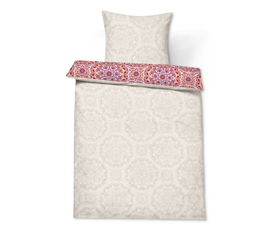 Beige Perkal-Bettwäsche mit Mandala-Muster, Normalgröße, Doppelgröße und Übergröße.