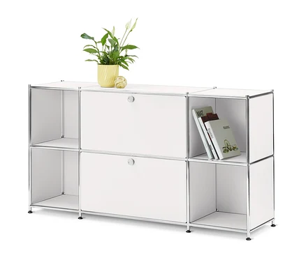 Weißes Sideboard »CN3« mit 2 Klappfächern und Topfpflanze.