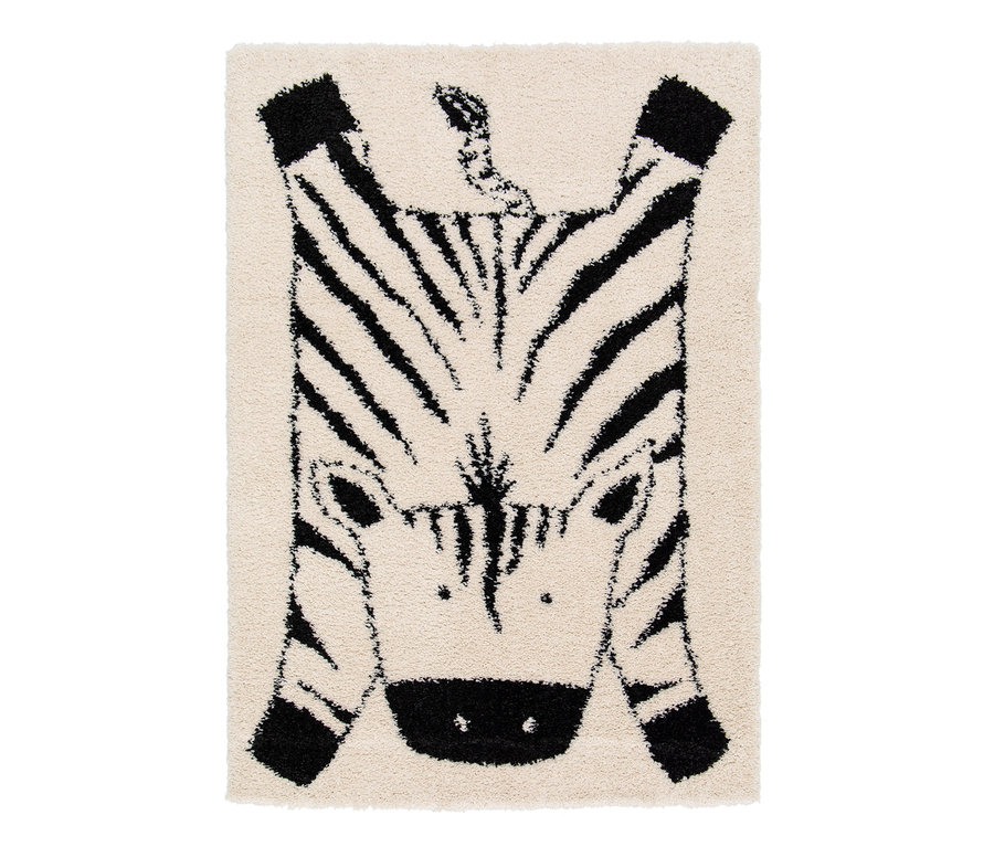 Beiger Kinderteppich mit Zebra-Muster.