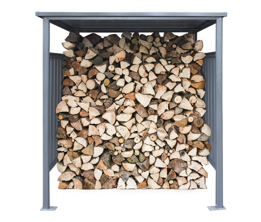 Ein Fahrradunterstand gefüllt mit Holz.