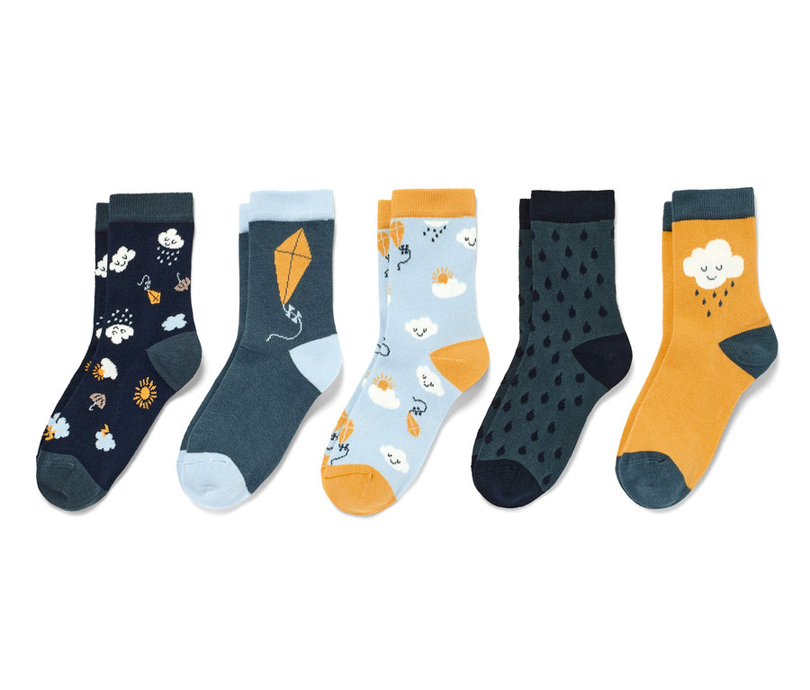 Fünf Paar Kinder-Socken, 5 Kinder-Socken, schiefer mit verschiedenen Motiven.