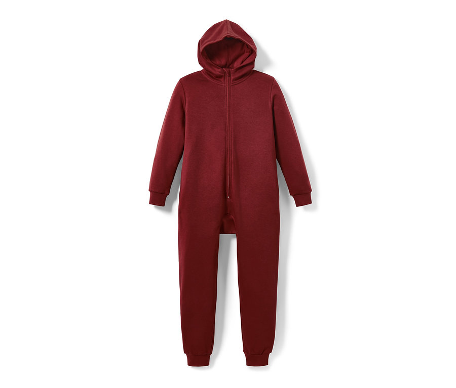 Roter Kinder-Lounge-Onesie mit Kapuze und Reißverschluss.